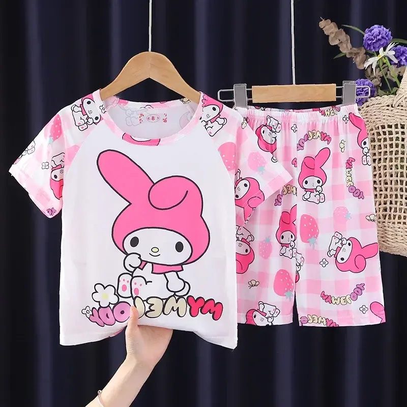 Sanrio hello kitty sleepwear children Pajamas Girls and Boys Summer Short Sleeve Shorts Set Home clothing T-shirt kuromi robes