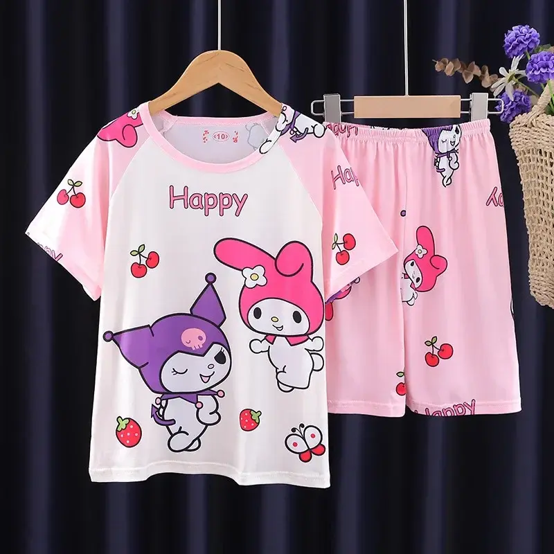 Sanrio hello kitty sleepwear children Pajamas Girls and Boys Summer Short Sleeve Shorts Set Home clothing T-shirt kuromi robes