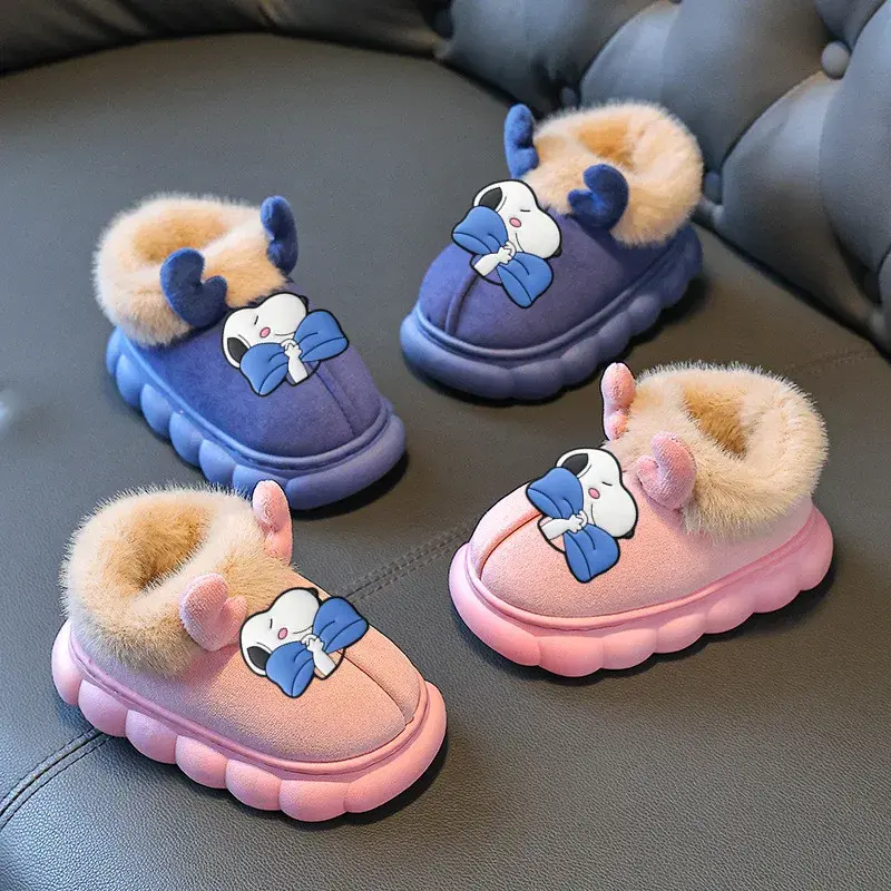 Snoopy Autumn Winter Children Cotton Slippers Cartoon Cute Deer Girl Boy New Casual Shoes Girls Warm Non-slip Cotton Shoes boots