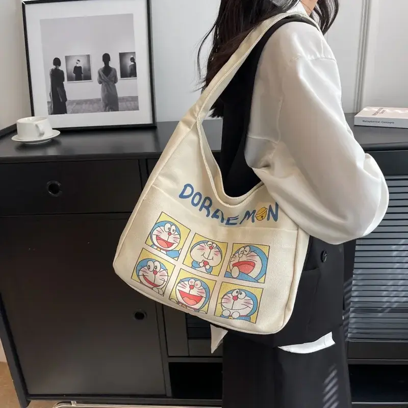New Fashion Cartoon Canvas Tote Bag Student Class Handbag Doraemon Canvas Shoulder Bag Women's Large Capacity Storage Bag