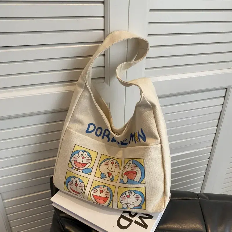 New Fashion Cartoon Canvas Tote Bag Student Class Handbag Doraemon Canvas Shoulder Bag Women's Large Capacity Storage Bag