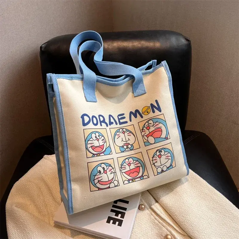 New Fashion Cartoon Canvas Tote Bag Student Class Handbag Doraemon Canvas Shoulder Bag Women's Large Capacity Storage Bag