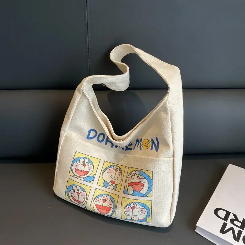 New Fashion Cartoon Canvas Tote Bag Student Class Handbag Doraemon Canvas Shoulder Bag Women's Large Capacity Storage Bag