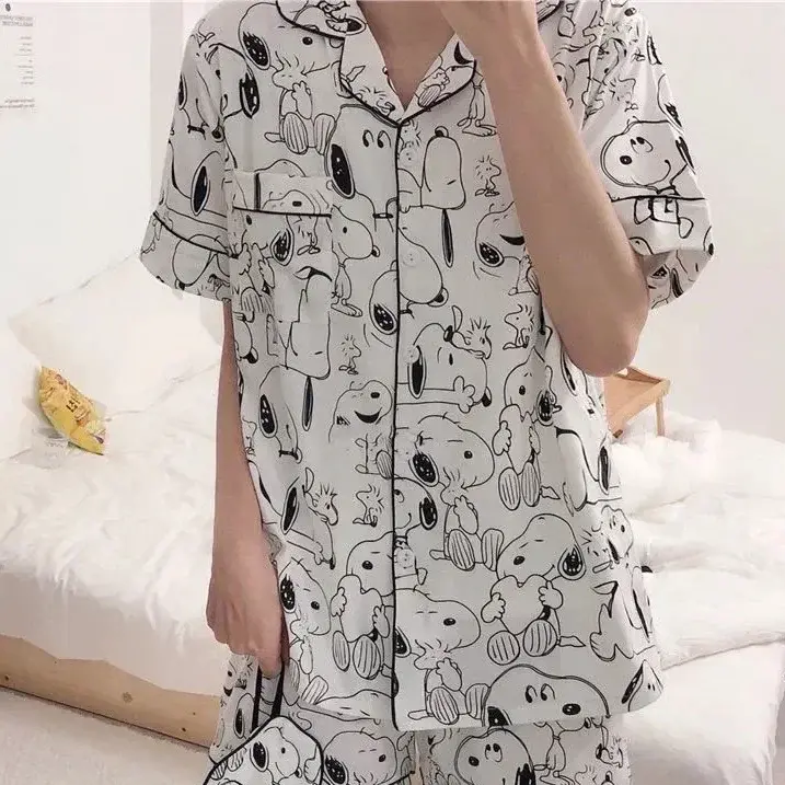 Snoopy short-sleeved pajamas women summer nightgown sleepwear cartoon cute cardigan outside girl home clothes set