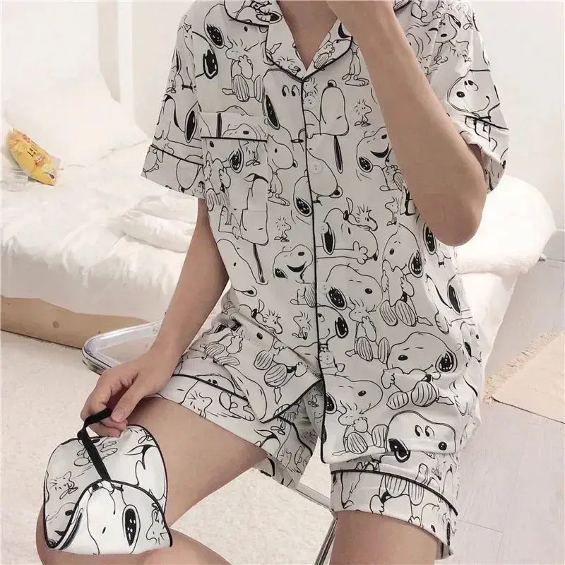Snoopy short-sleeved pajamas women summer nightgown sleepwear cartoon cute cardigan outside girl home clothes set