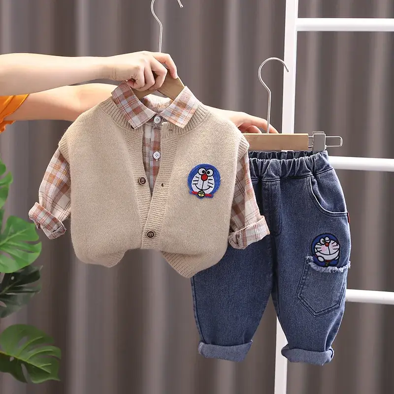 Doraemon Boys Children's Sets spring autumn clothes cartoon jacket children baby plaid shirt three-piece suit