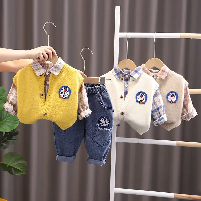 Doraemon Boys Children's Sets spring autumn clothes cartoon jacket children baby plaid shirt three-piece suit