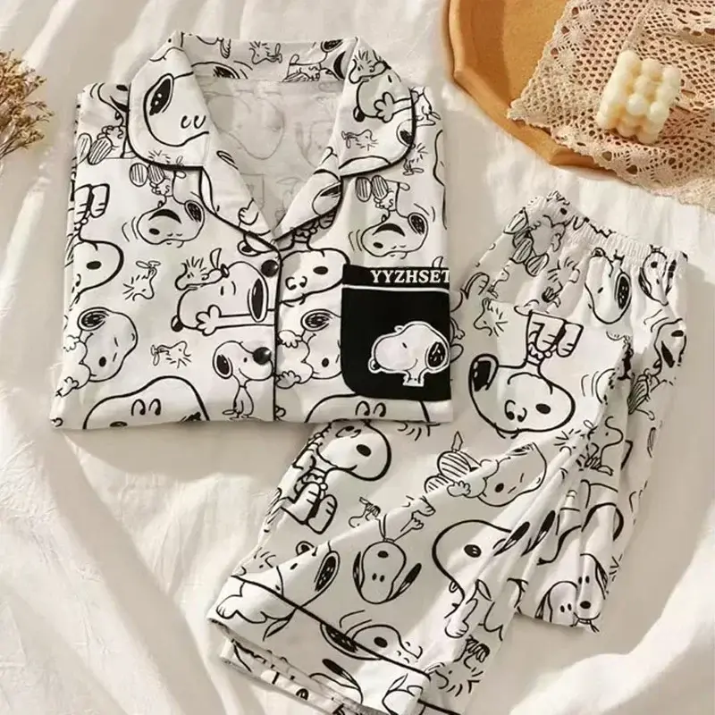snoopy Cartoon Spring Autumn Pajamas Long Sleeve Pants Summer Milk Silk Warm Home Clothes sleepwear Men's Women's nightgown