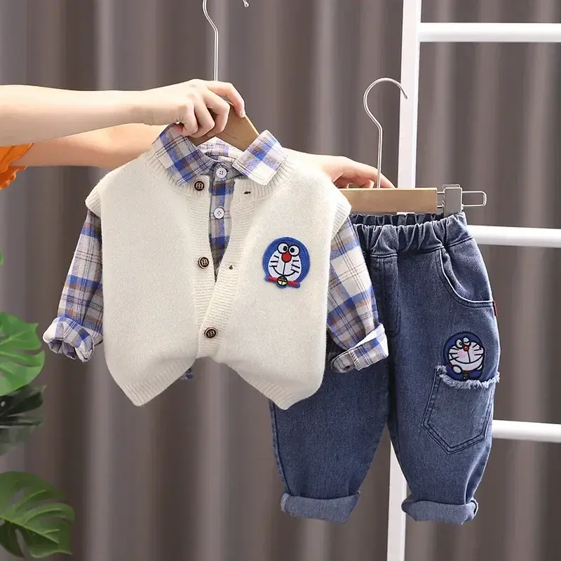 Doraemon Boys Children's Sets spring autumn clothes cartoon jacket children baby plaid shirt three-piece suit