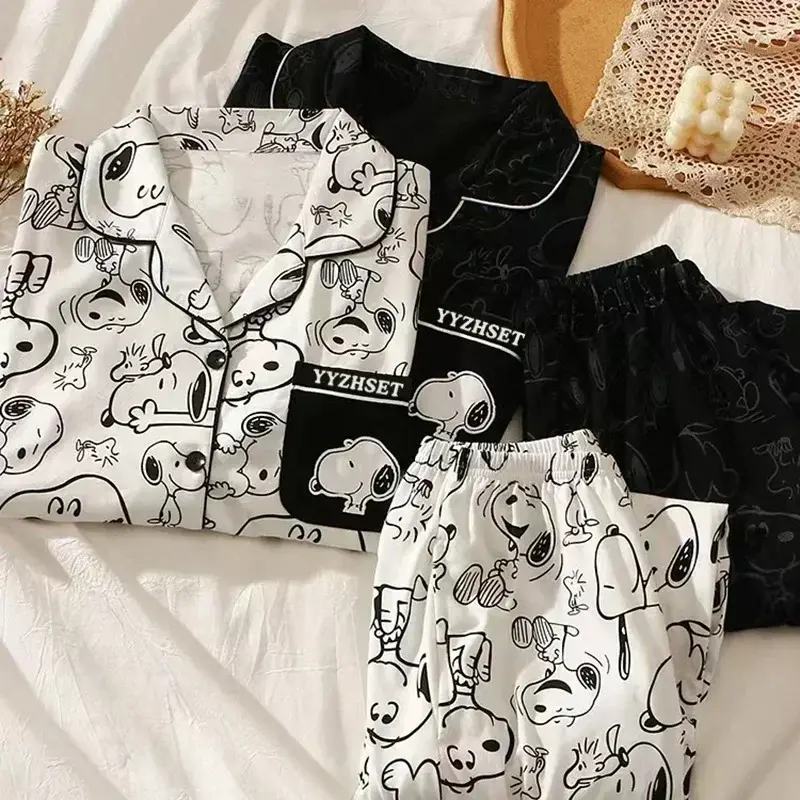 snoopy Cartoon Spring Autumn Pajamas Long Sleeve Pants Summer Milk Silk Warm Home Clothes sleepwear Men's Women's nightgown