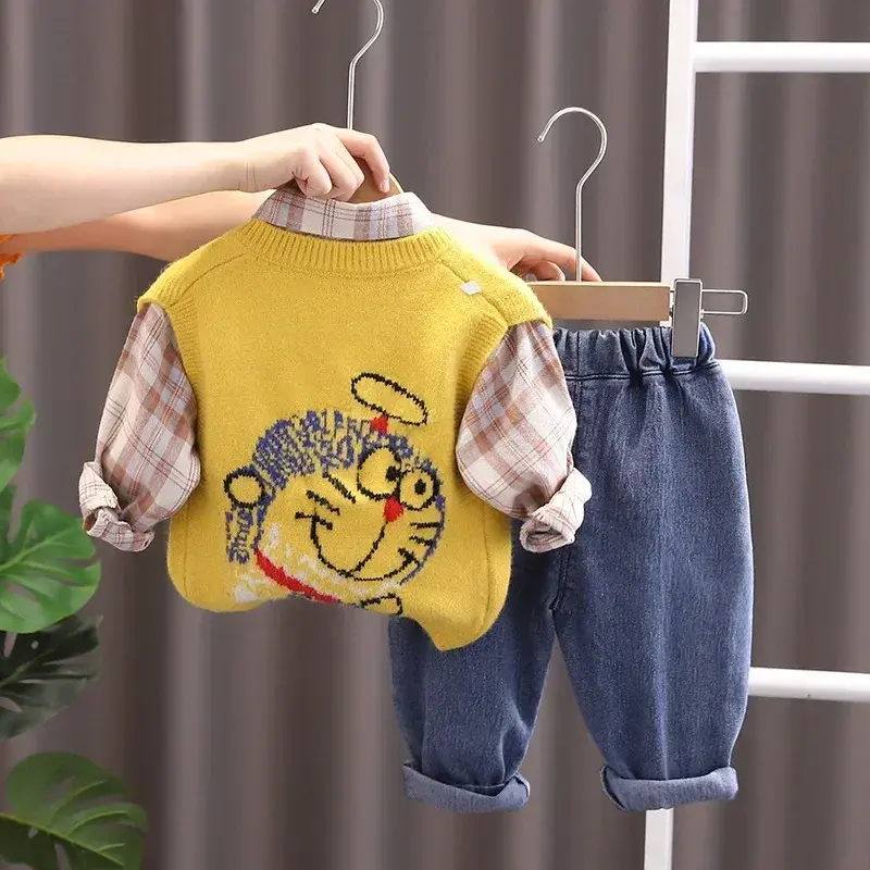Doraemon Boys Children's Sets spring autumn clothes cartoon jacket children baby plaid shirt three-piece suit