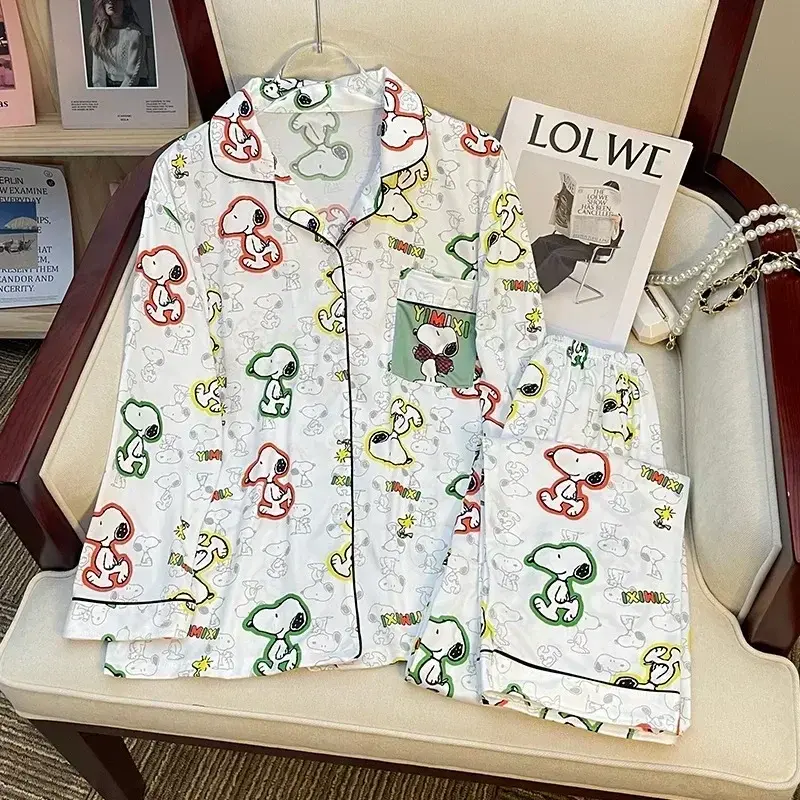snoopy Cartoon Spring Autumn Pajamas Long Sleeve Pants Summer Milk Silk Warm Home Clothes sleepwear Men's Women's nightgown