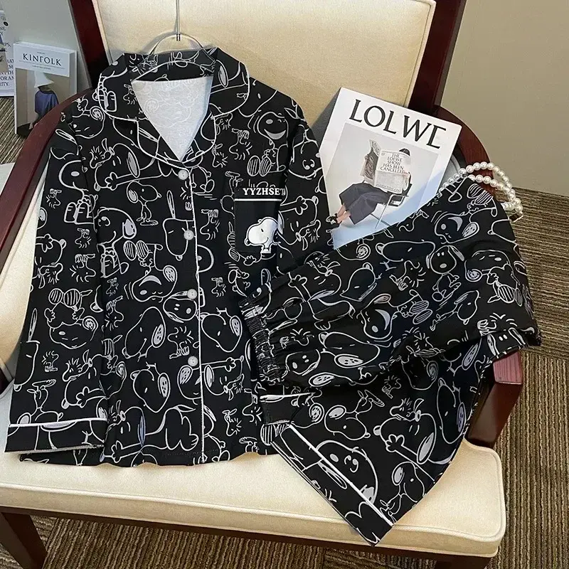 snoopy Cartoon Spring Autumn Pajamas Long Sleeve Pants Summer Milk Silk Warm Home Clothes sleepwear Men's Women's nightgown