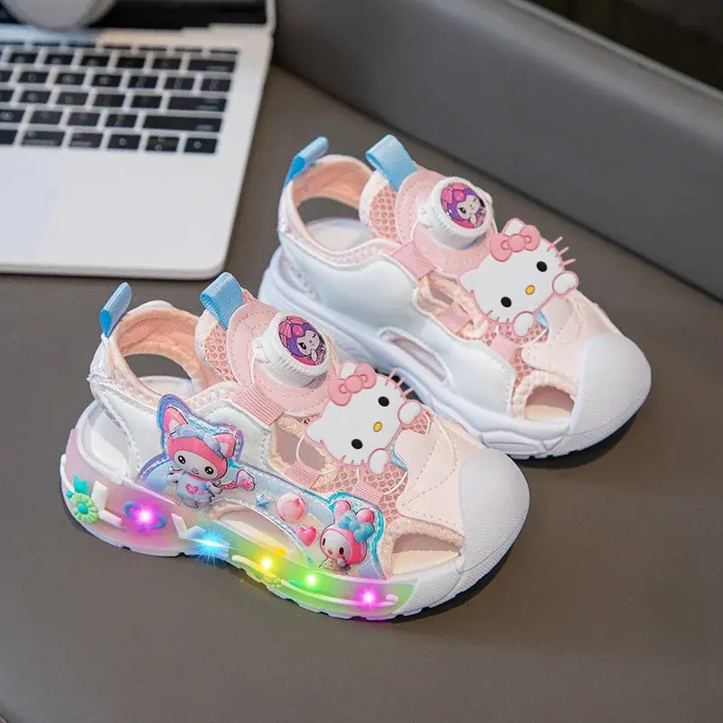 hello kitty cartoon luminous Baotou casual shoes Sanrio girls summer new LED sandals girls kids mesh rotating button beach shoes