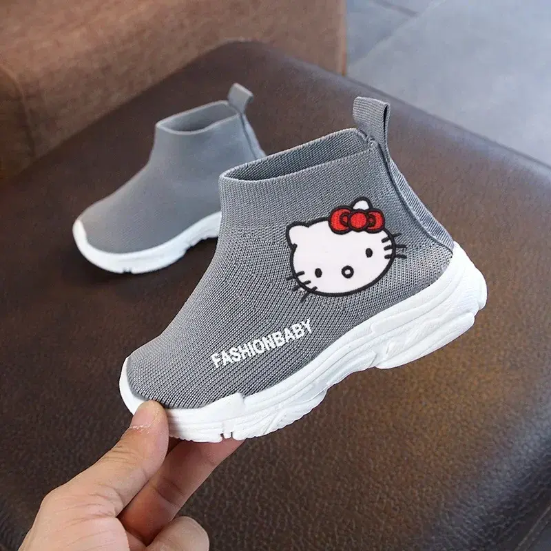 Sanrio boys and girls flying woven mesh sneakers Hello Kitty casual shoes autumn children's socks shoes high-top elastic