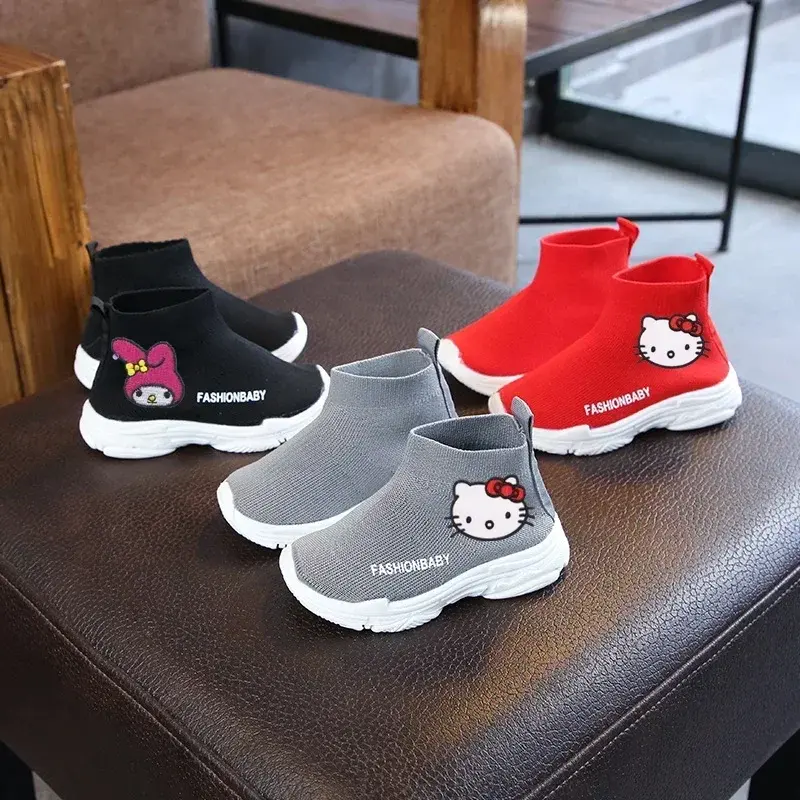 Sanrio boys and girls flying woven mesh sneakers Hello Kitty casual shoes autumn children's socks shoes high-top elastic