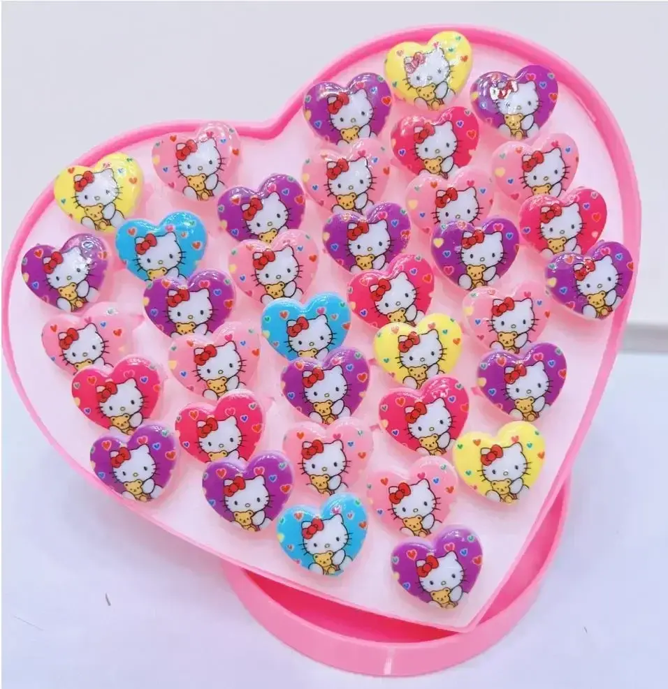 36pcs Sanrio hello kitty Children's Acrylic Animal Ring Children's Ring Bracelet Birthday Gift Jewelry