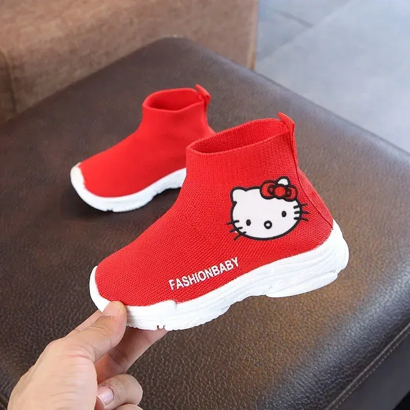 Sanrio boys and girls flying woven mesh sneakers Hello Kitty casual shoes autumn children's socks shoes high-top elastic