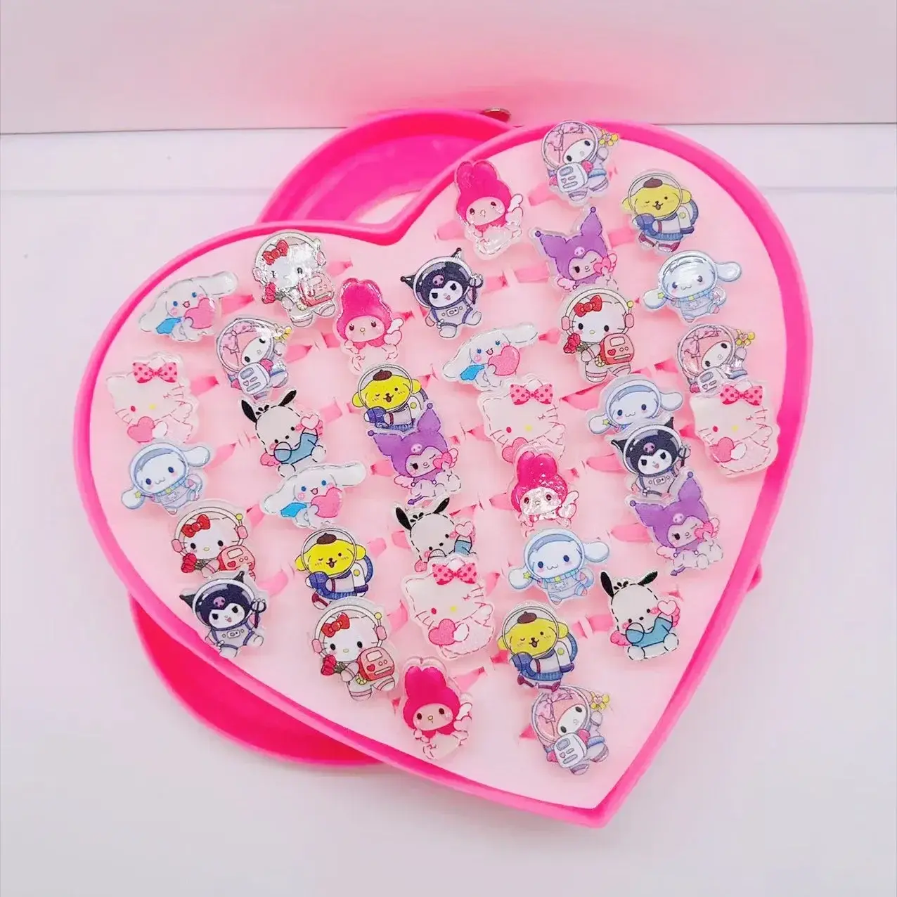 36pcs Sanrio hello kitty Children's Acrylic Animal Ring Children's Ring Bracelet Birthday Gift Jewelry