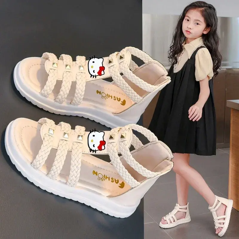 Sanrio hello kitty girls sandals summer new fashion peep toe princess shoes kids soft sole girls baby beach shoes