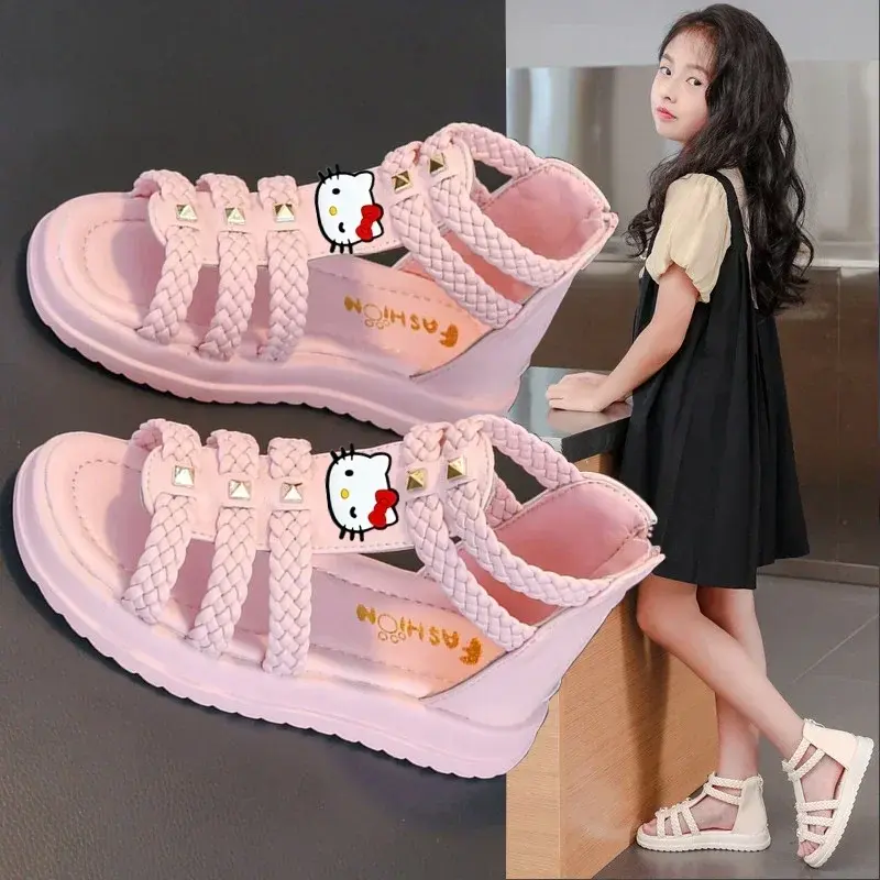 Sanrio hello kitty girls sandals summer new fashion peep toe princess shoes kids soft sole girls baby beach shoes