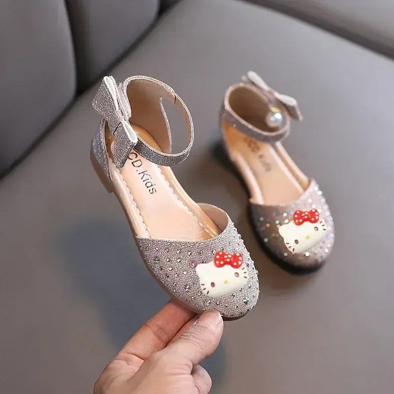 Sanrio hello kitty children Sandals Spring kuromi 2023 New Girls Leather Shoes Pearl Rhinestone Cute Princess Shoes