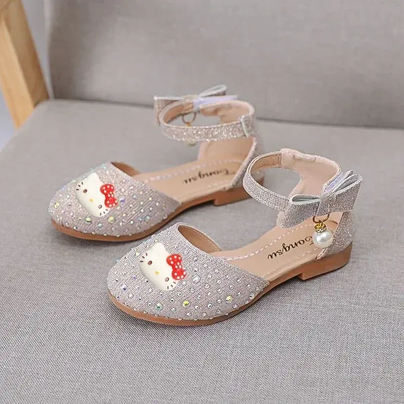 Sanrio hello kitty children Sandals Spring kuromi 2023 New Girls Leather Shoes Pearl Rhinestone Cute Princess Shoes
