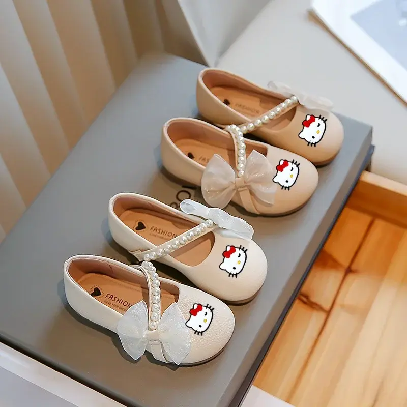 Sanrio hello kitty girls Leather shoes spring and autumn new white pearl girls baby sandals children show princess shoes