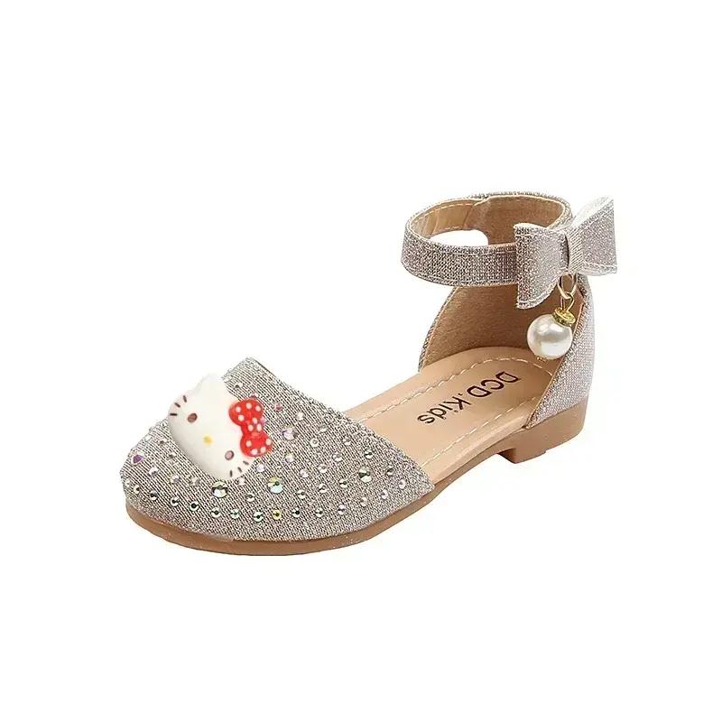 Sanrio hello kitty children Sandals Spring kuromi 2023 New Girls Leather Shoes Pearl Rhinestone Cute Princess Shoes