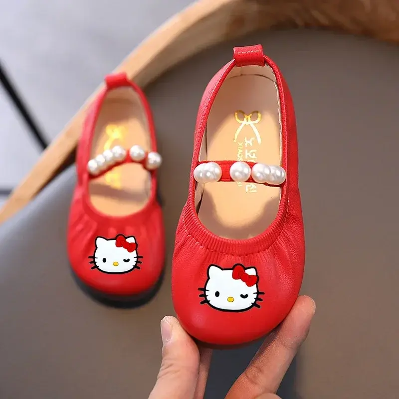 Sanrio hello kitty Girls Leather Shoes New Princess Shoes Spring  Autumn Sandals Children Soft Bottom Baby Bean Casual Shoes