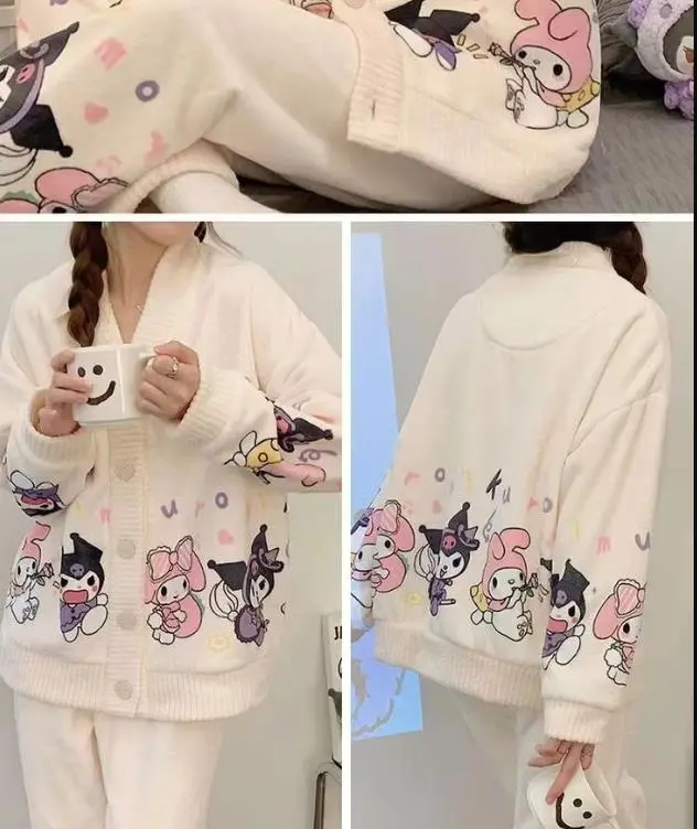 Sanrio kuromi autumn winter coral fleece pajamas cute cartoon loungewear girl my Melody cinnamon sleepwear nightgown