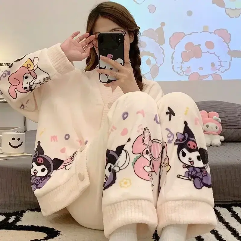 Sanrio kuromi autumn winter coral fleece pajamas cute cartoon loungewear girl my Melody cinnamon sleepwear nightgown