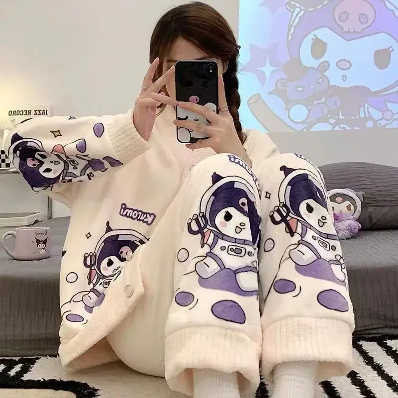 Sanrio kuromi autumn winter coral fleece pajamas cute cartoon loungewear girl my Melody cinnamon sleepwear nightgown