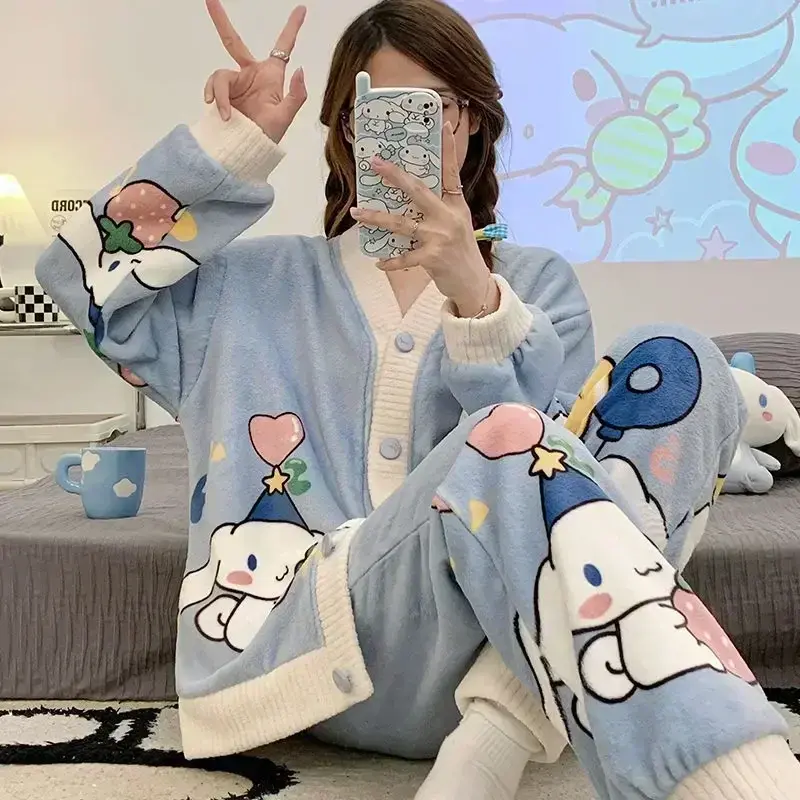 Sanrio kuromi autumn winter coral fleece pajamas cute cartoon loungewear girl my Melody cinnamon sleepwear nightgown