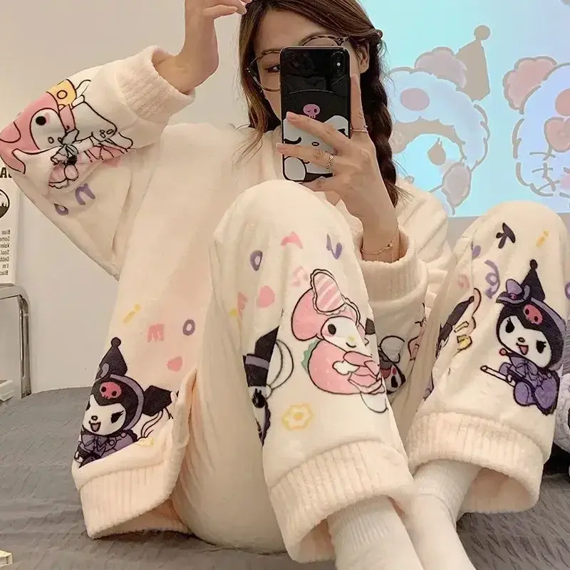 Sanrio kuromi autumn winter coral fleece pajamas cute cartoon loungewear girl my Melody cinnamon sleepwear nightgown