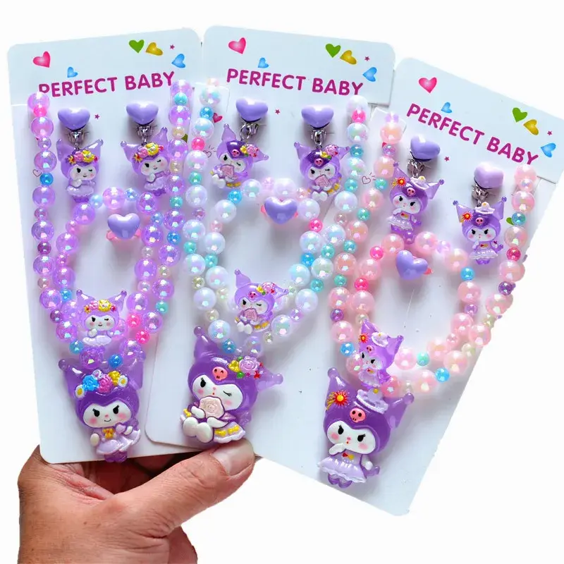 Sanrio kuromi beaded necklace pendant choker baby jewelry ear clip ring gift birthday hello kitty new kids accessories bracelet