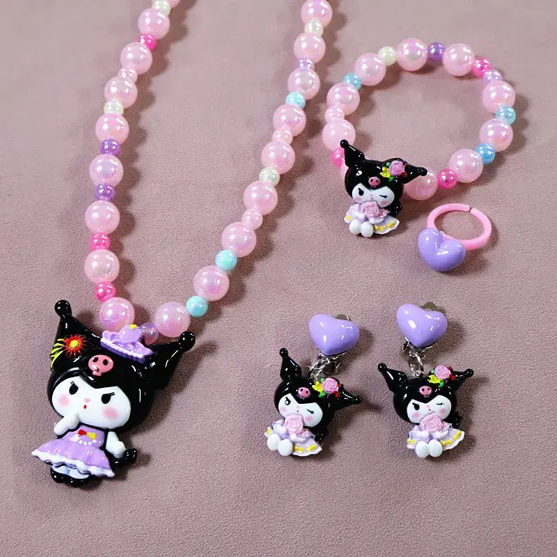 Sanrio kuromi beaded necklace pendant choker baby jewelry ear clip ring gift birthday hello kitty new kids accessories bracelet