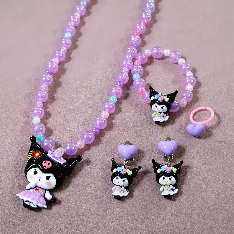 Sanrio kuromi beaded necklace pendant choker baby jewelry ear clip ring gift birthday hello kitty new kids accessories bracelet