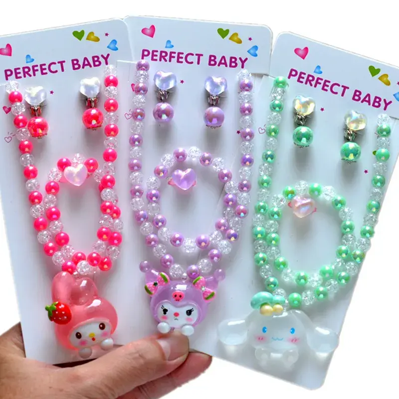 Sanrio kuromi beaded necklace pendant choker baby jewelry ear clip ring gift birthday hello kitty new kids accessories bracelet