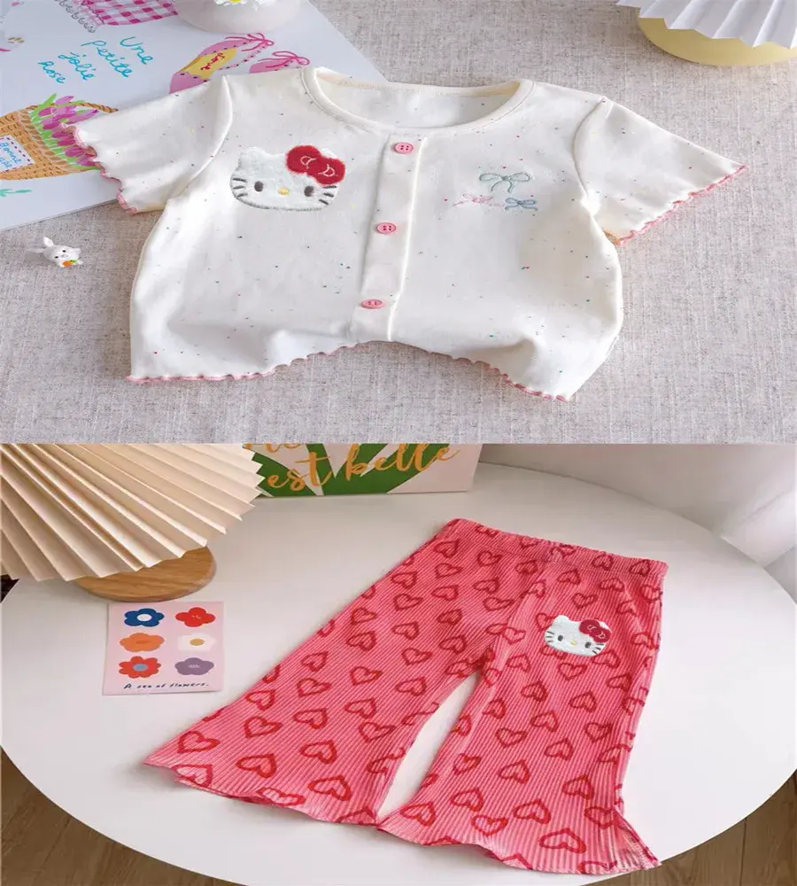 Sanrio new girls baby top Bubble shorts suit hello kitty girls short sleeve T-shirt summer dress children thin casual pants