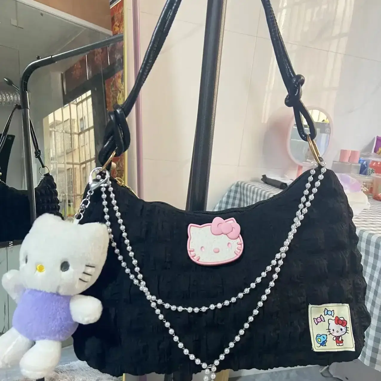 Sanrio hello kitty contrast color shoulder bag pearl chain handbag fashion underarm bag girl tote bag