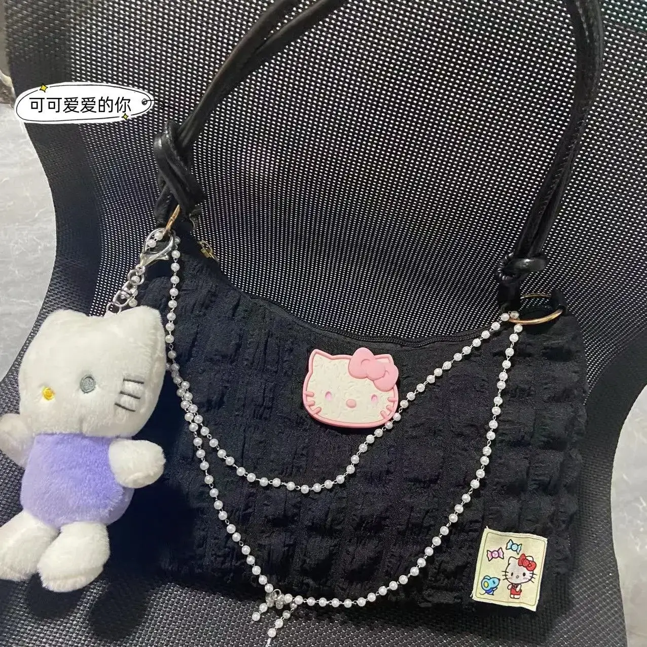 Sanrio hello kitty contrast color shoulder bag pearl chain handbag fashion underarm bag girl tote bag