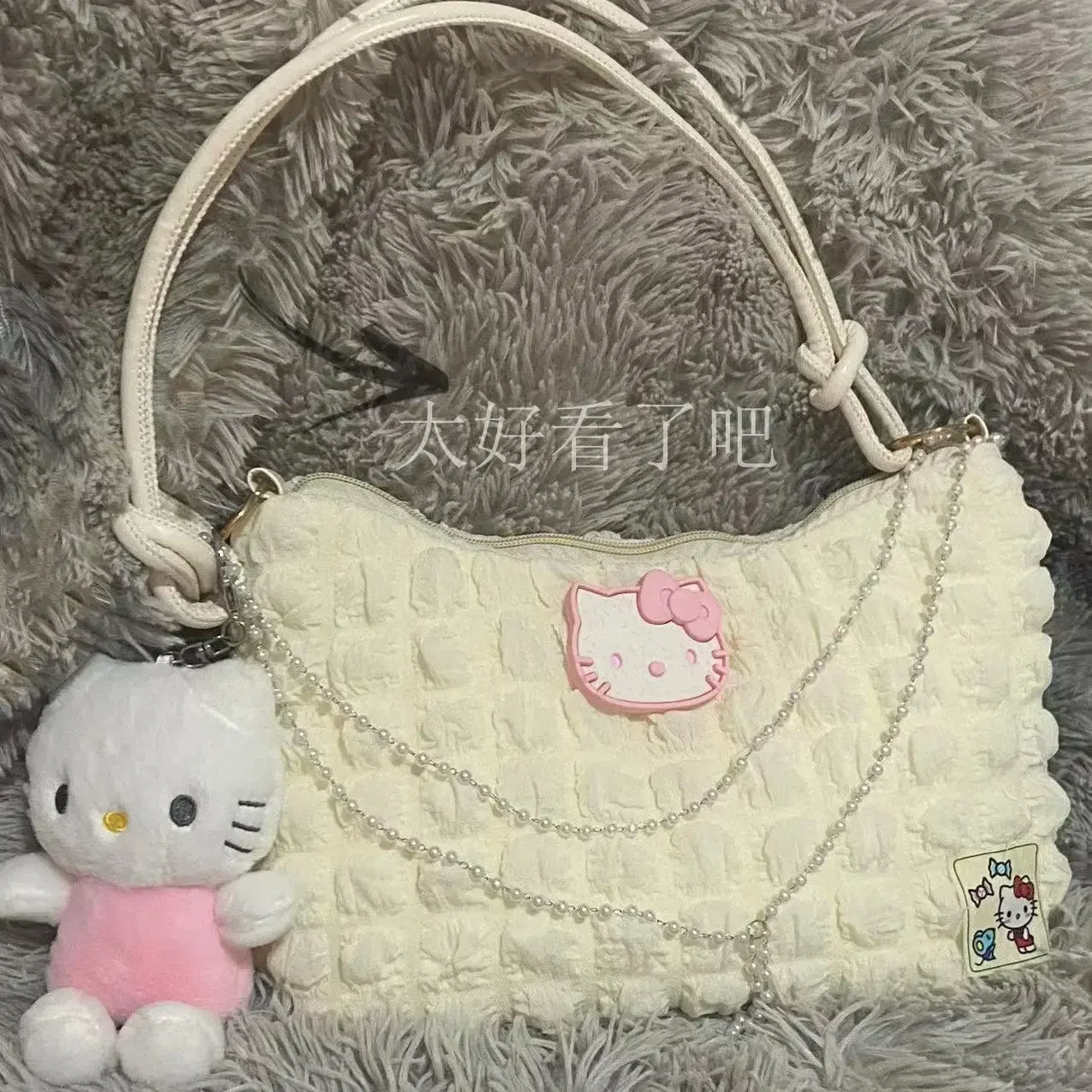 Sanrio hello kitty contrast color shoulder bag pearl chain handbag fashion underarm bag girl tote bag