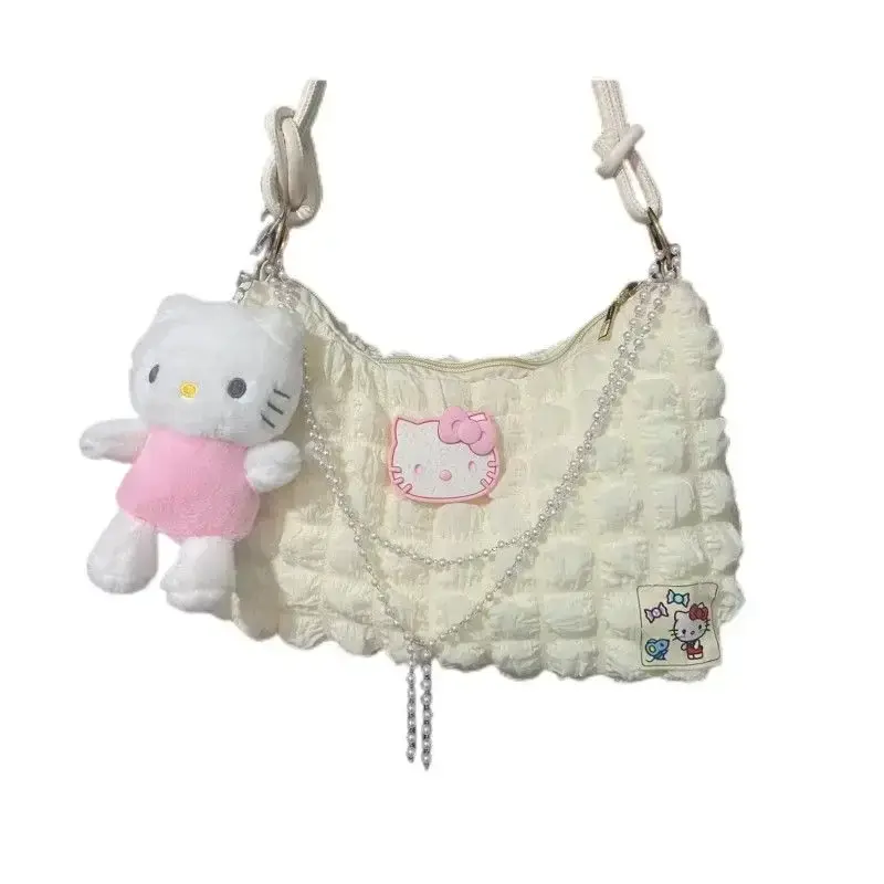 Sanrio hello kitty contrast color shoulder bag pearl chain handbag fashion underarm bag girl tote bag