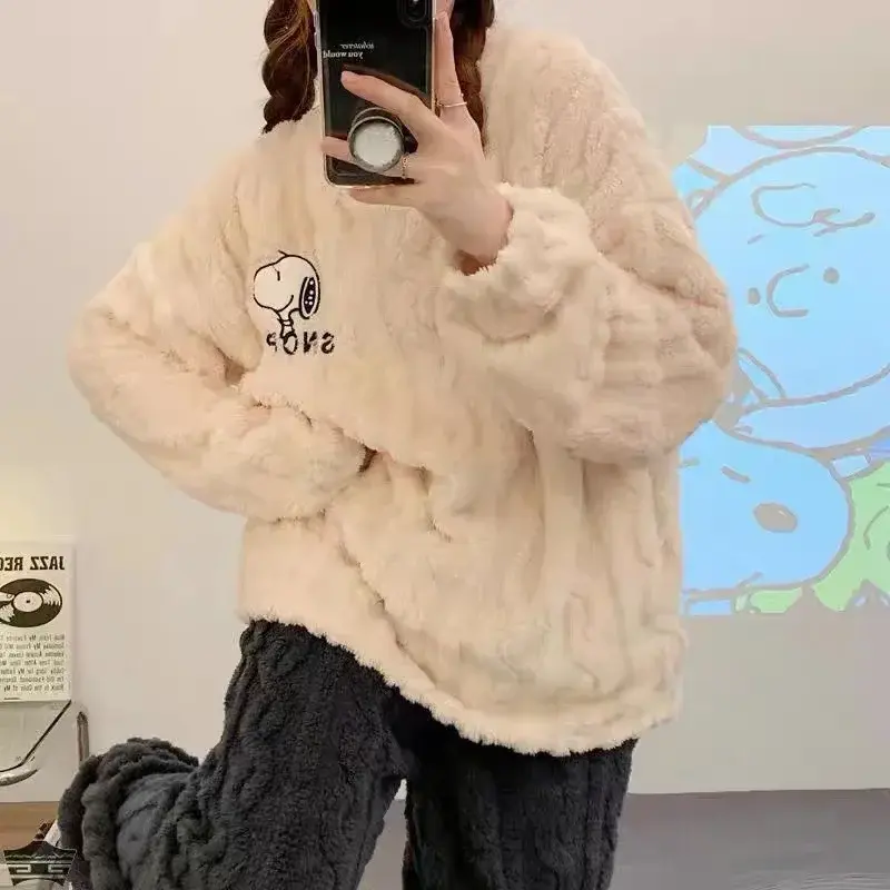 Snoopy Pajamas Winter Women's Coral Fleece Thickened Fleece Long Sleeve Pants Cute Sleepwear Set cartoon nightwear