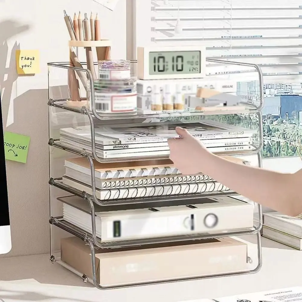 Transparent Desktop File Tray Stackable Large Capacity Stationery Book Storage Rack Home Office A4 Document Paper Organizer