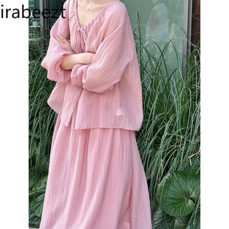 Women's Pink V-neck Blouse & Skirt Set Chinese Style Drawstring Tie Summer Outfit with Sun Protection Tummy Silhouette