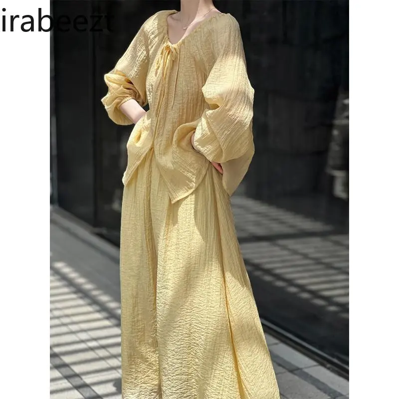 Women's Pink V-neck Blouse & Skirt Set Chinese Style Drawstring Tie Summer Outfit with Sun Protection Tummy Silhouette
