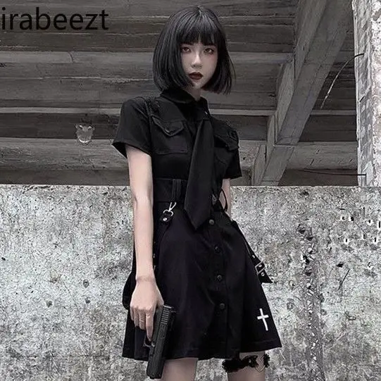 Women's Black Schoolgirl Short dress Alternative Gothic Fashion Y2K Streetwear Aesthetic Dark Academia Style Summer Outfit