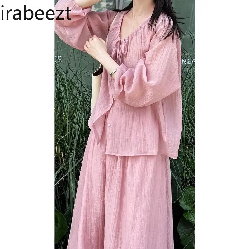Women's Pink V-neck Blouse & Skirt Set Chinese Style Drawstring Tie Summer Outfit with Sun Protection Tummy Silhouette